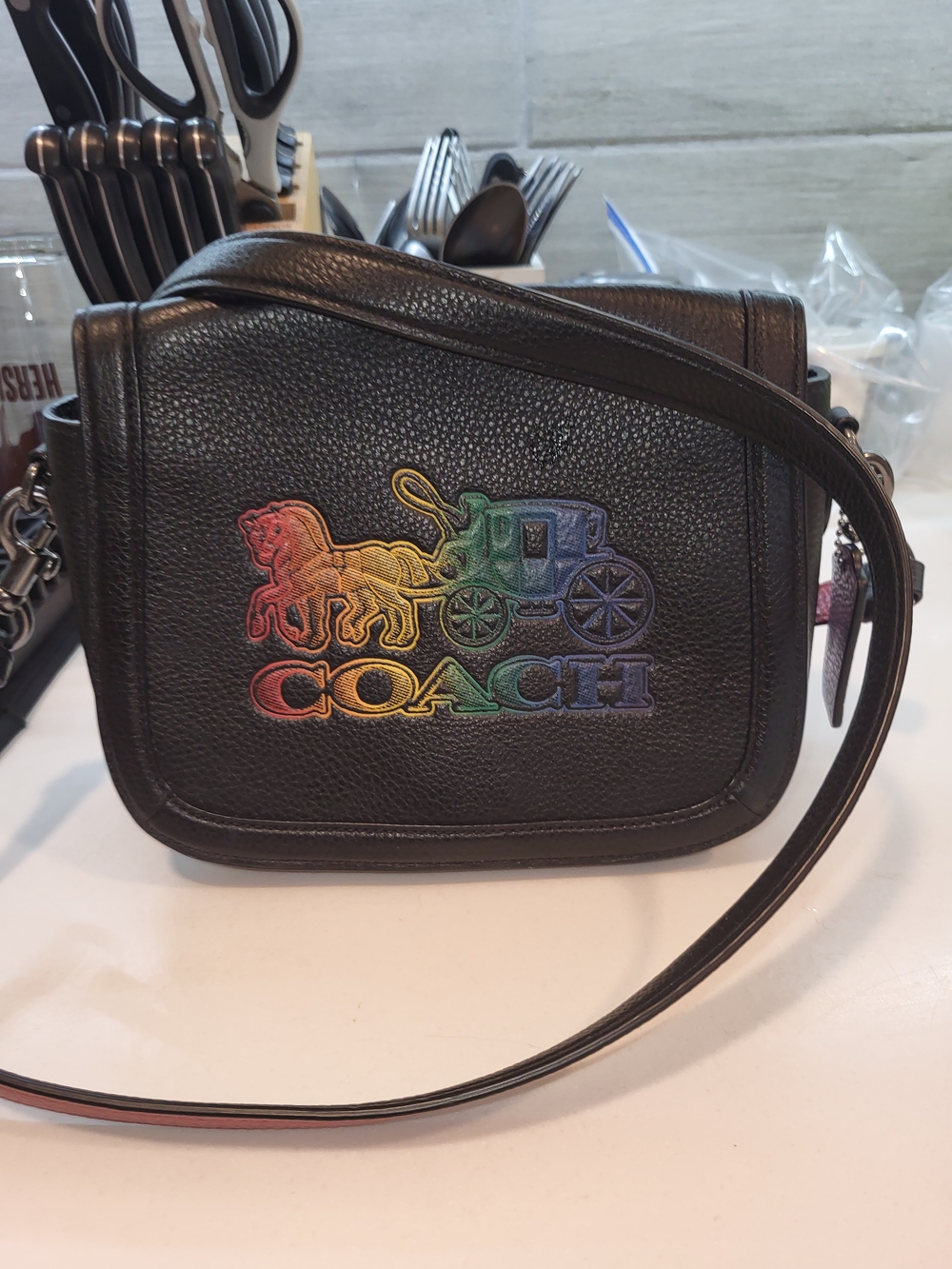 Coach Black Leather Crossbody Bag with Rainbow Logo